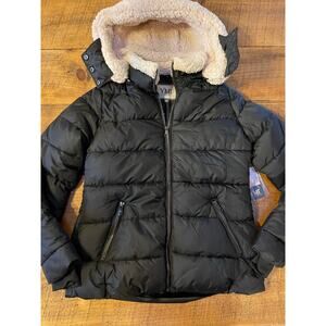 NWT Womens YMI Black Sherpa Hooded Puffer Thick Soft Winter Coat Pockets Size M